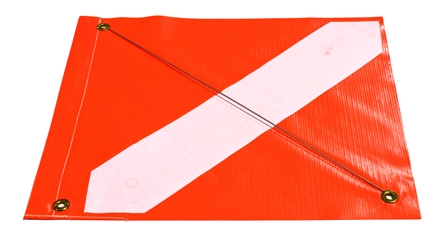 14"x 16" Vinyl Dive Flag w/ wire stiffener. Red-orange in color. NO sewn channel. 3 grommets. Custom Screening is NOT available 
