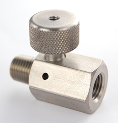 In-line Bleeder, Stainless Steel, 1/4 NPT male & female ports. Tapped hole in knob.  Oxy clean. 