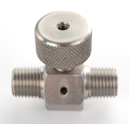 In-line Bleeder, Stainless Steel, 1/4 NPT male in and out. Tapped hole in knob.   